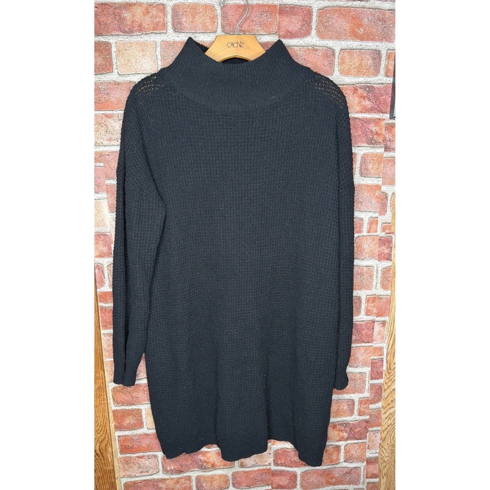 Mud Pie Black Waffle Knit Mock Neck Sweater Dress Womens Medium Tunic Long Slv